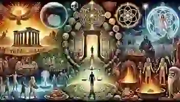 A mythology representation of afterlife beliefs showing Greek judgment at Hades, Norse Valhalla and Hel, Hindu samsara, Egyptian heart weighing before Osiris, and Japanese ancestral spirits surrounded by lanterns.