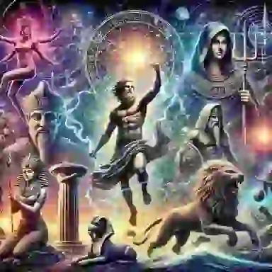 A vivid artwork depicting Greek, Norse, Egyptian, Hindu, and Japanese mythology, featuring iconic deities and symbols. Which is also the part of mythology